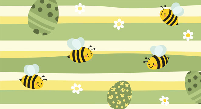 Festive spring pattern with cartoon bees white daisies and decorated green eggs on a horizontal striped background.