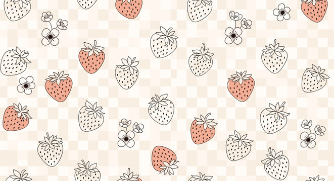 Charming strawberry and small flower pattern set on a light pink checkered background with hand drawn line art style.