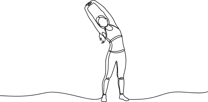 Continuous Line Drawing of Woman Stretching Side Body, Fitness and Wellness