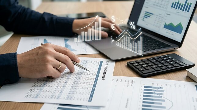 Business professional holding pen over cash flow statement with digital data projection.