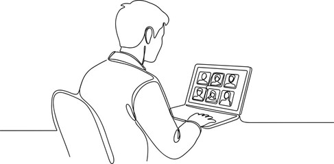 Man on video call, online meeting, continuous line art © keenan