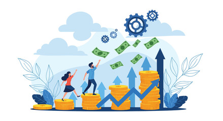 Obraz premium Ambitious team climbing stacks of gold coins while money falls from the sky to represent financial success and growth.