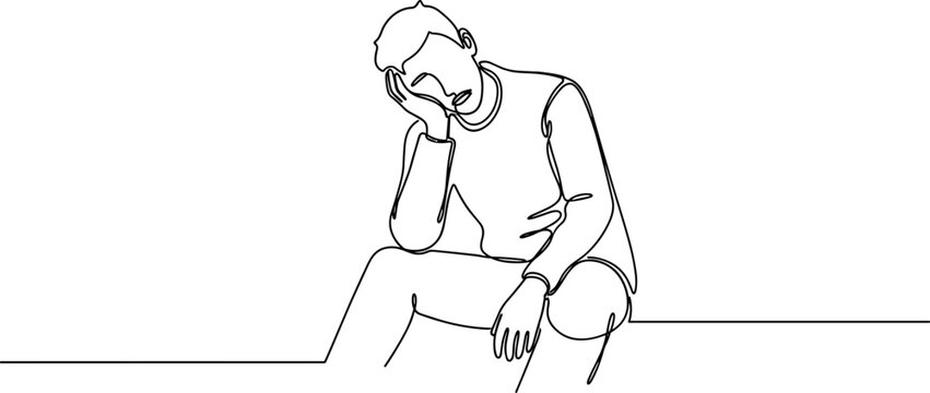 One line drawing of a man sitting with head in hand, looking tired and thoughtful