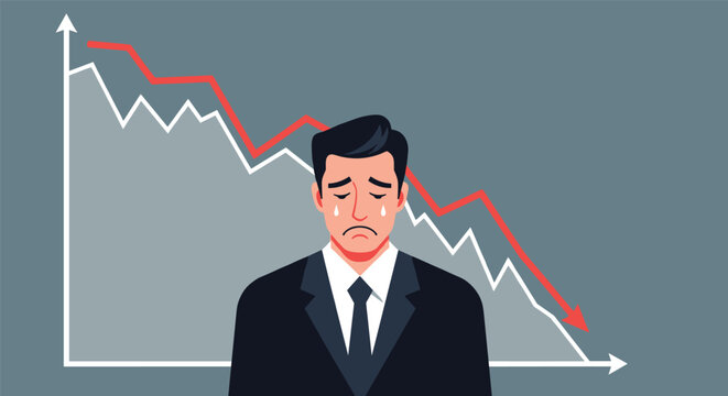 Sad businessman looking down in front of a falling financial market chart representing economic loss and depression.