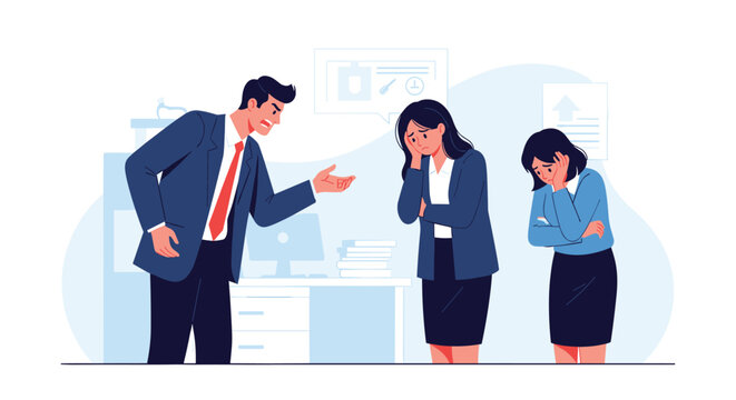 Angry male boss shouting at two stressed female employees in a corporate office setting during a difficult meeting.