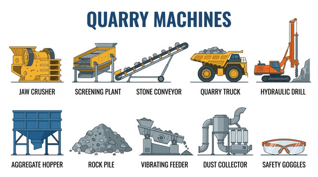 Heavy machinery operates at quarry site with crusher truck and drill