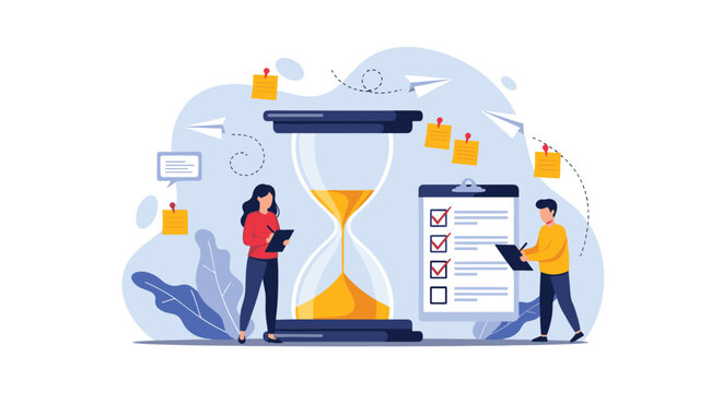 Business team managing time and checking tasks from a list around a giant hourglass representing deadlines and productivity.