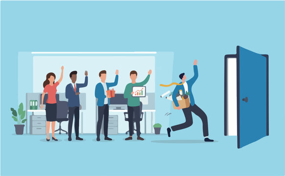 Quit job leaving company for new career, saying good bye to old workplace office, exit, escape or fired, work departure, offboarding separation, businessman saying bye while quitting job exit door