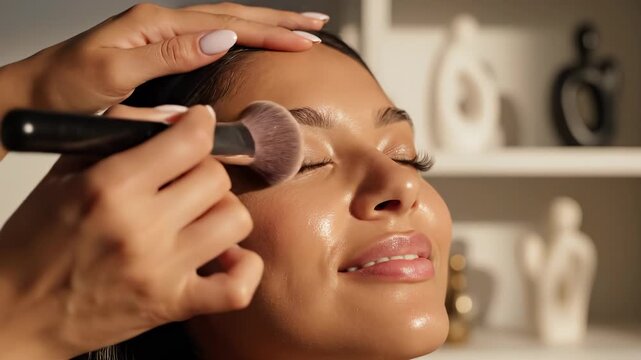Makeup application process in salon. Beauty expert uses brush for flawless skin finish. Client enjoys pampering experience in bright, modern environment.