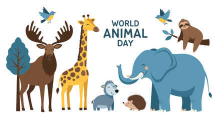 Obraz premium Diverse wildlife animals including elephant giraffe and elk celebrating world animal day in a flat vector illustration.