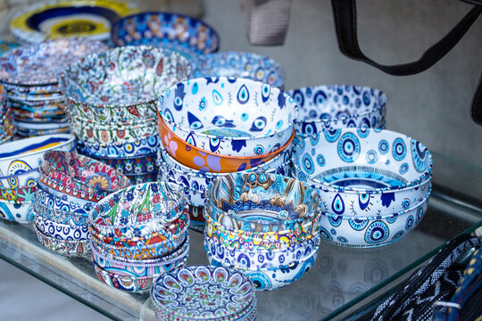 Colorful decorative bowls with traditional patterns