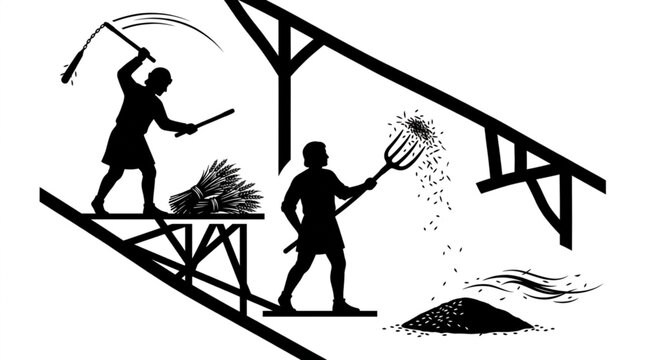 Medieval agricultural workers threshing wheat with hand flail and winnowing grain with pitchfork in barn silhouette vector illustration