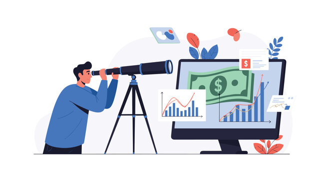 Future focused man using a telescope to analyze stock market growth and financial data on a large computer monitor.