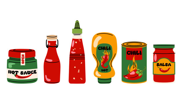 Collection hot sauce bottles, salsa and chili cans, spicy food set. Mexican or Asian sauces. Hot pepper.