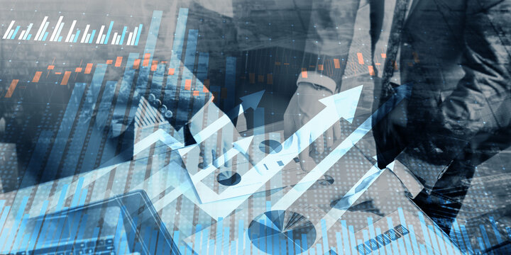 Financial Market Growth Trends Illustrated by Upward Arrows and Data Charts