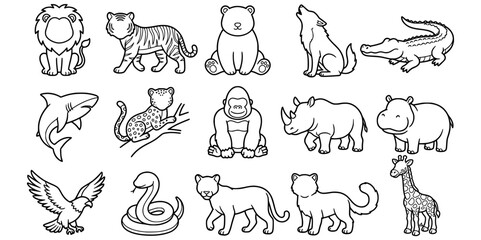 Collection of fifteen wild animals in simple line art vector style © Syahronanda Studio