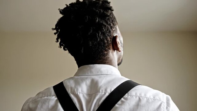 Man in white shirt with suspenders looks up thoughtfully. Indoor setting creates calm atmosphere. Reflective moment inspires creativity and motivation.