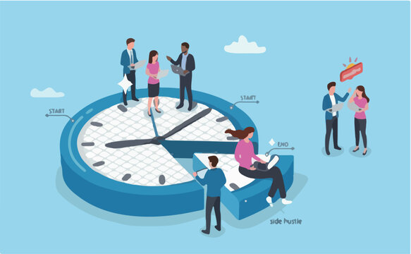 Part-time job, work tracking system, day planning or time management, side hustle or office work deadline, start and end time schedule concept, businesswoman working with laptop on split time clock