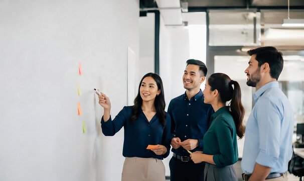 Business team discussing strategy on whiteboard.