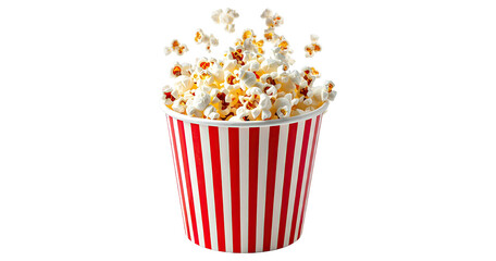 Popcorn flying out of red white striped paper box isolated on white, transparent background, PNG, with copy space. Splash, levitation of popcorn grains © Design Zone