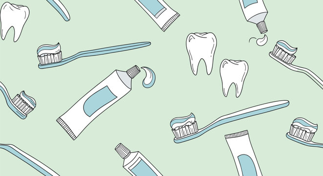 Seamless pattern of dental care items including toothpaste tubes toothbrushes with paste and white human teeth on a light green background.