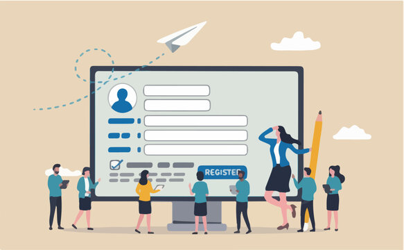 Register new user account, registration form or submission, sign up information online, apply new job or membership, self service concept, businesswoman with pencil complete online registration form