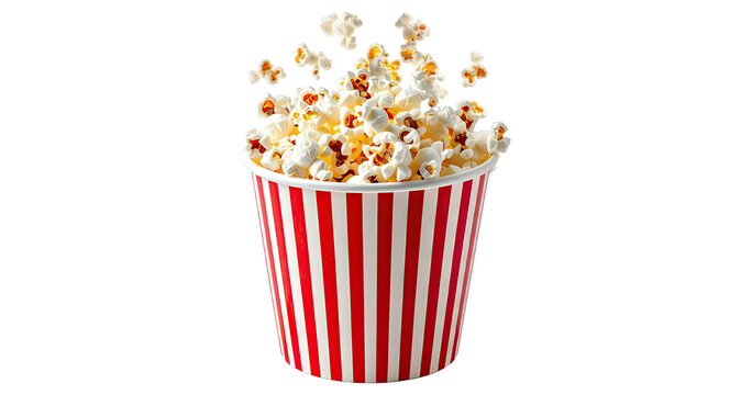 Popcorn flying out of red white striped paper box isolated on white, transparent background, PNG, with copy space. Splash, levitation of popcorn grains