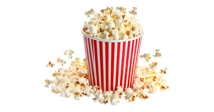 Popcorn flying out of red white striped paper box isolated on white, transparent background, PNG, with copy space. Splash, levitation of popcorn grains