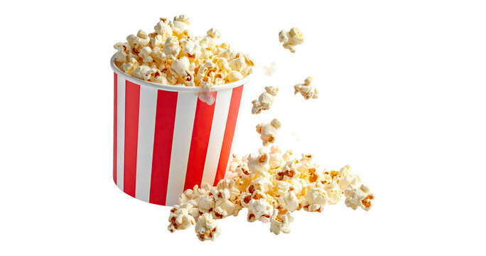 Popcorn flying out of red white striped paper box isolated on white, transparent background, PNG, with copy space. Splash, levitation of popcorn grains
