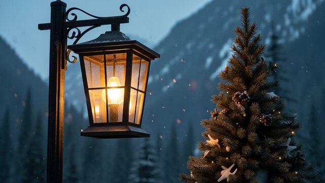 cozy winter lantern glowing beside decorated christmas tree in snowy mountain village