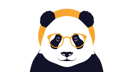 Fototapeta premium Stylized portrait of a panda wearing orange glasses and a matching orange headband on its head for a modern look.