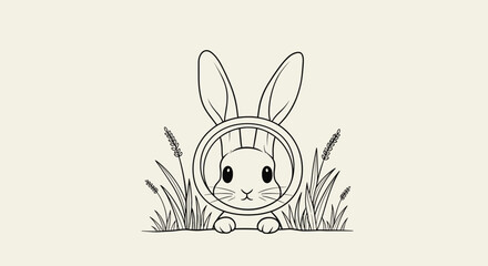 Fototapeta premium Cute rabbit peeking through a round window frame surrounded by tall grass and wildflowers in a minimalist black and white sketch.