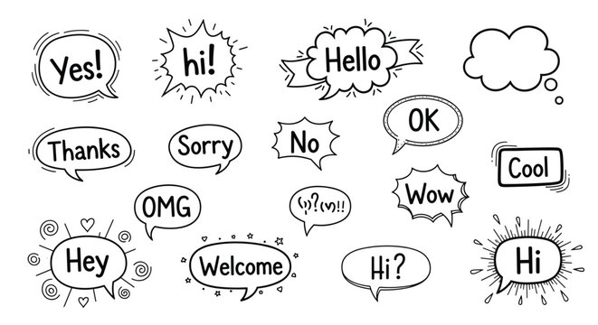 Large set of various hand drawn speech bubbles with common words and expressions in black ink for communication.