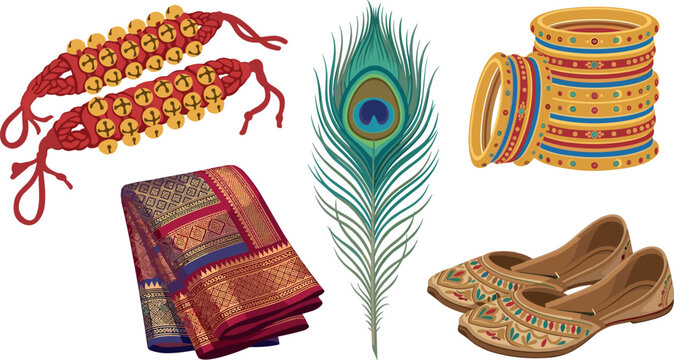 Traditional Indian Culture Vector Element Set with Ghungroo Dance Bells Silk Saree Fabric Peacock Feather Gold Bangles and Embroidered Jutti Shoes