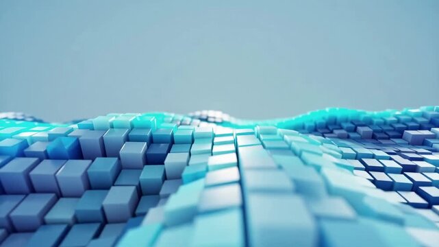 Blue 3D cube wave abstract landscape, featuring a digital block terrain with depth of field. Futuristic rippling surface representing modern technology, virtual network, and data flow.