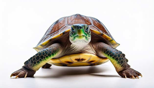 Cute Green Turtle Walking In Nature With Brown Shell Isolated On White Background