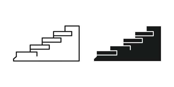 Stairs glyph in outline and solid black fill on white background for upward progression and growth concepts