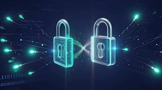 Glowing digital padlocks securing data streams in cyberspace, representing AI cybersecurity, encryption, network protection, and futuristic data privacy technology.