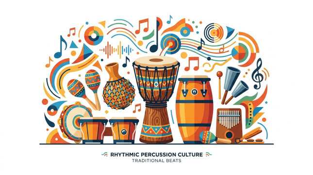 Traditional rhythmic percussion culture vector illustration with ethnic drums, djembe, conga, maracas, kalimba, and colorful musical notes background