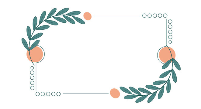 Horizontal decorative frame featuring elegant green leafy branches and soft coral circles on a minimalist white background for text.