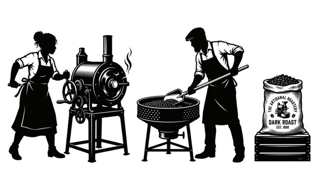 Artisanal coffee roasters processing beans with vintage roasting machine cooling tray and burlap sack silhouette vector illustration set