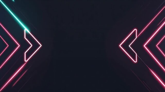 Glowing neon arrows on dark abstract background. Futuristic geometric lines in bright pink and cyan colors pointing towards the center. Modern high tech cyber space concept.