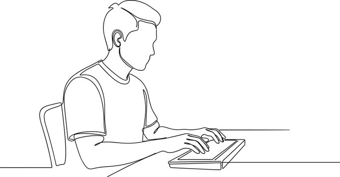 Young boy typing on laptop, continuous line art, side view, focused on work or study