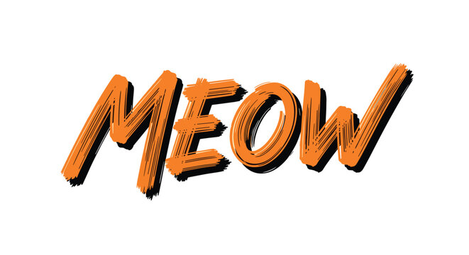 Stylized orange meow text with textured brush strokes and black shadow on white background for cat themed graphic designs and apparel.
