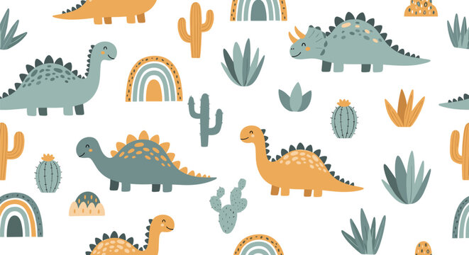 Cute seamless pattern featuring colorful cartoon dinosaurs, rainbows, cacti, and plants for children bedroom wallpaper and fabric.
