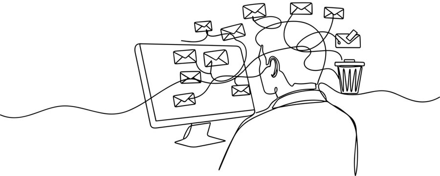 Overwhelmed person with computer and overflowing emails, single line drawing
