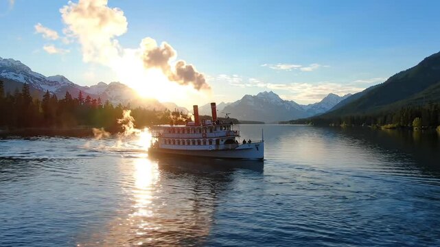 Steamboat, scenic lake, mountain landscape, sunset