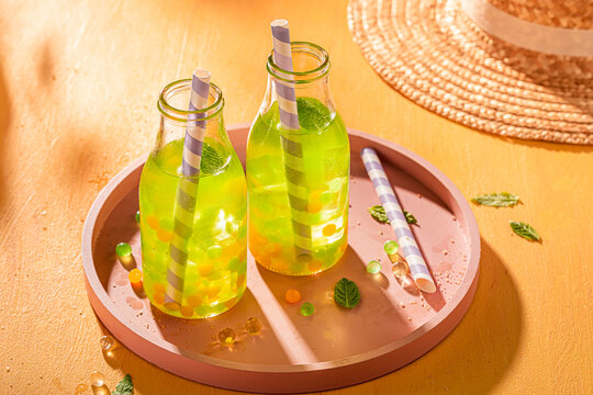 Tasty and cold bubble tea made of juice and pearls.