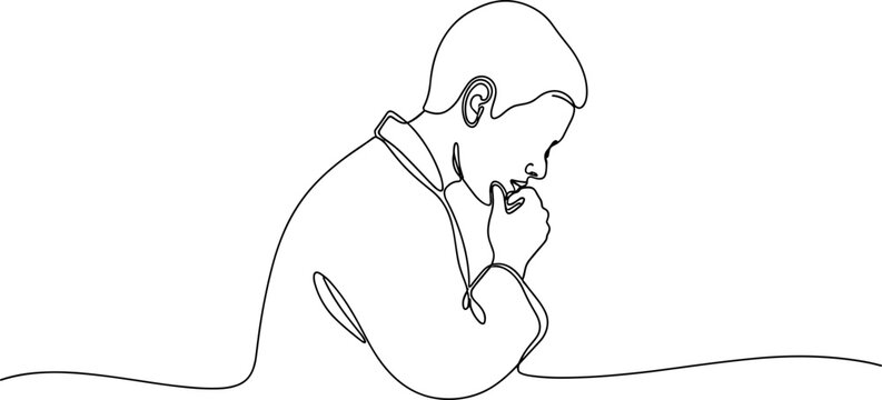 Continuous line drawing of a pensive boy resting chin on hands, deep in thought.