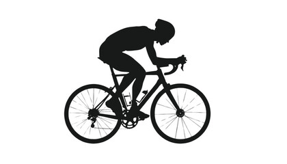 Obraz premium Cyclist silhouette performs a standard riding position on a modern bicycle against a white background.